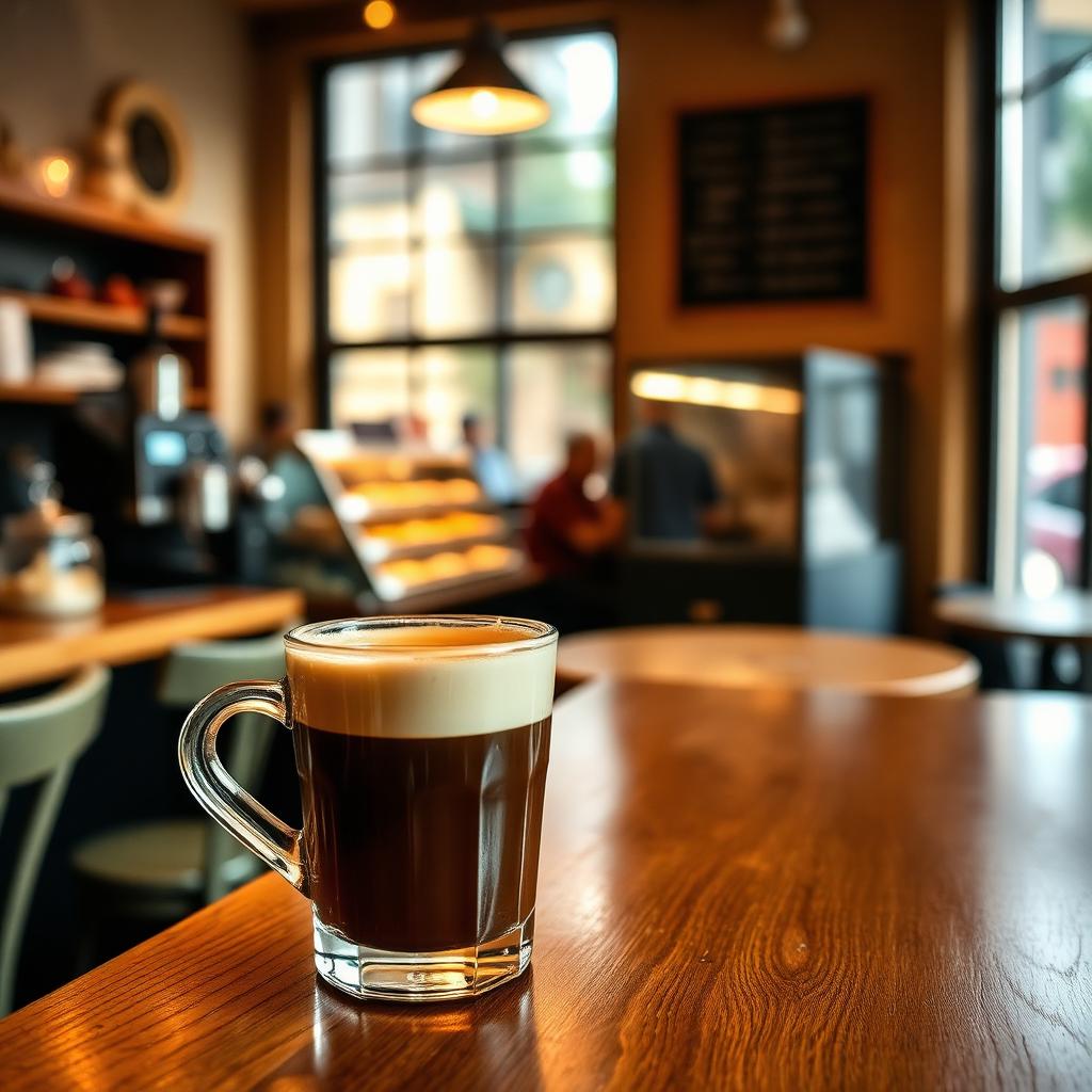 Warm espresso on a wood bar inside Ember & Oak cafe